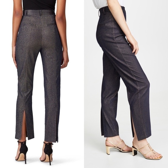 C/MEO‎ 70s Navy Met­al­lic Shimmer Ultra High Waist Slim Ankle Slit Trousers 4 - Picture 3 of 11